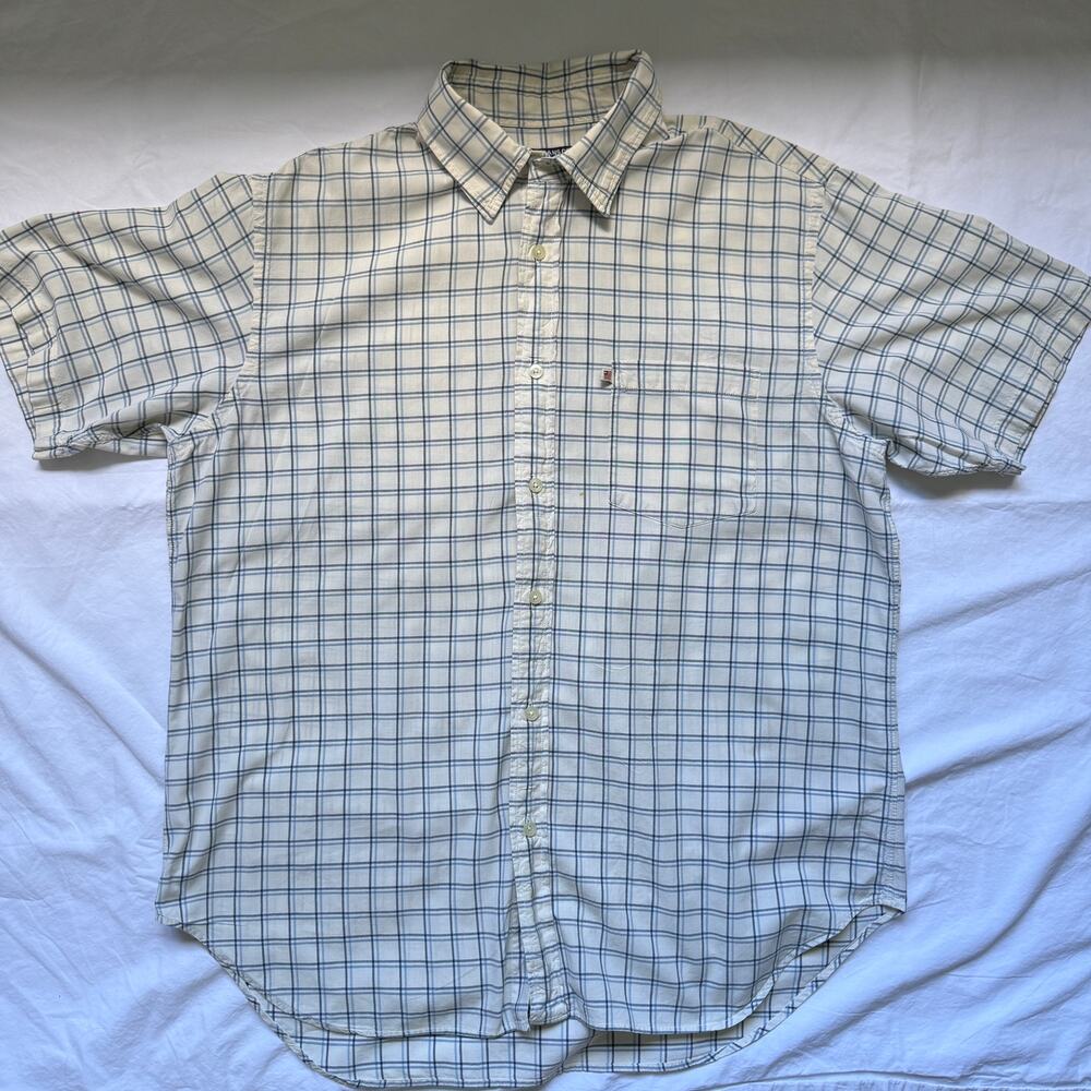 Vintage Polo Jeans Co Ralph Lauren Plaid Shirt Men L Short Sleeve 90s White Blue